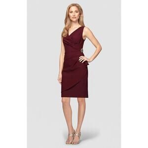 Alex Evenings Compression Dress Size 14 Ruffle Skirt Beaded Detail Wine Cocktail